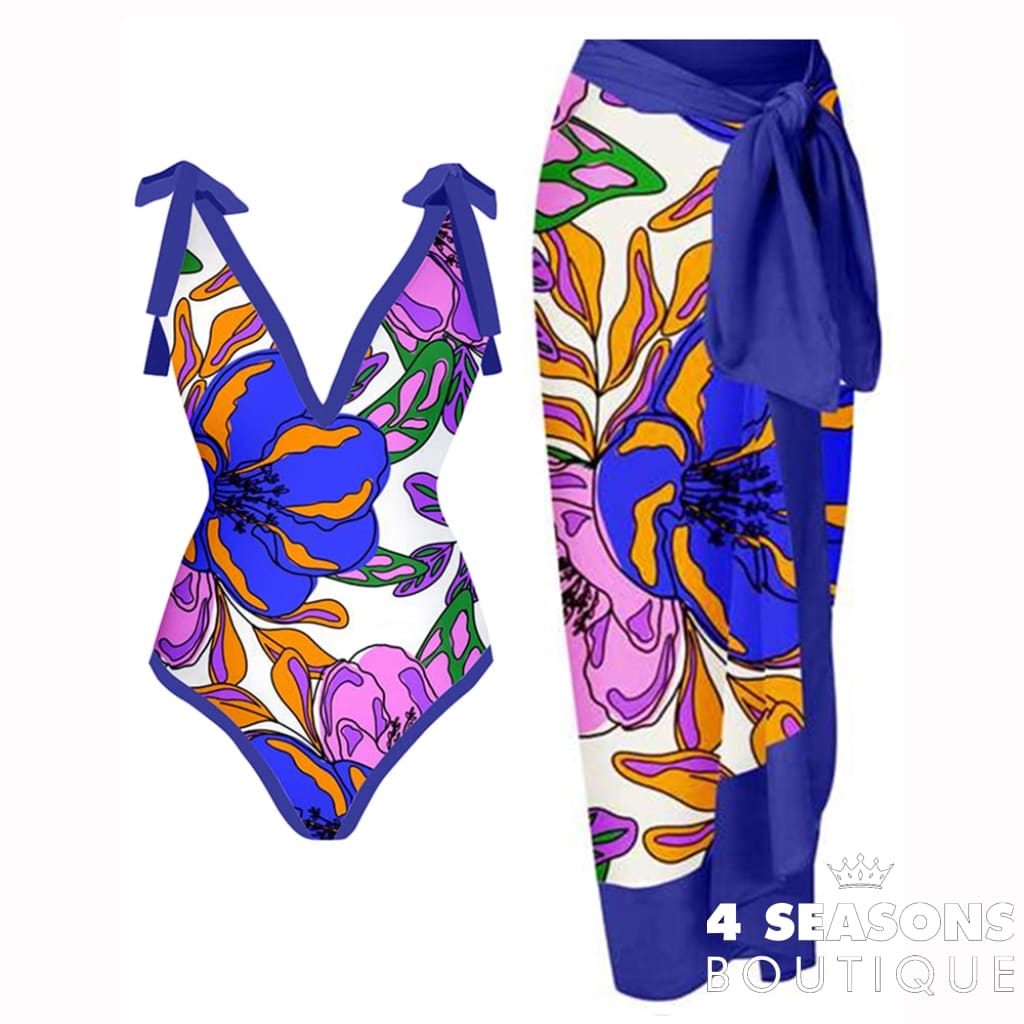 Sexy Printed Bikini Set Lace Up Chic One Piece Swimsuit With Cover-Ups Backless V-Neck Swimwear