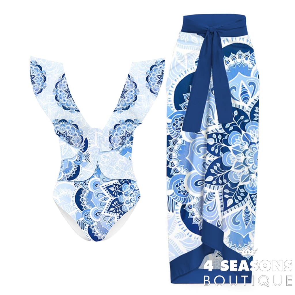 Blue Print Ruffle Fashion One Piece Swimsuit Feminine V-Neck Backless Bikini Elegant Beachwear Cover