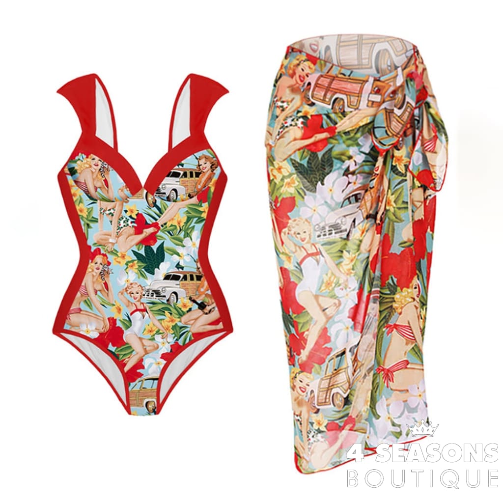 Fashion Colorblock Print Swimsuit Set French Crew Neck Slim Bikini High Waist Sexy Backless Swimwear