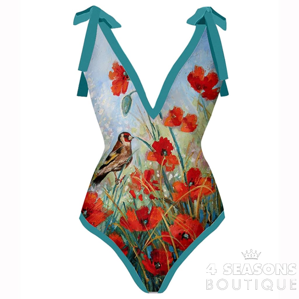 Sexy Deep V Vintage Flower Print One-Piece Swimsuits And Cover Ups Womens Bathing Suit Summer