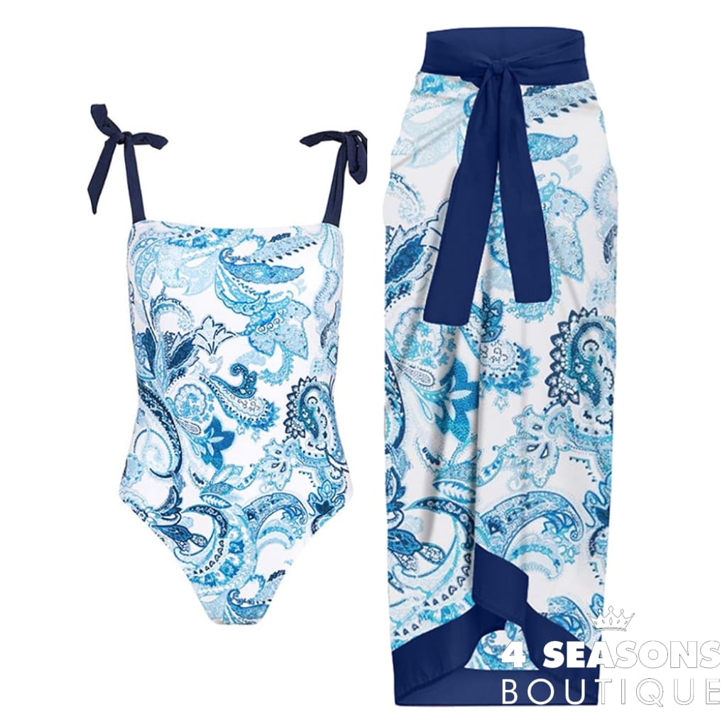 Blue Printed One Piece Swimsuit Suit Lace Up Square Neck Sexy Bikini High Waist Seamless Stitching