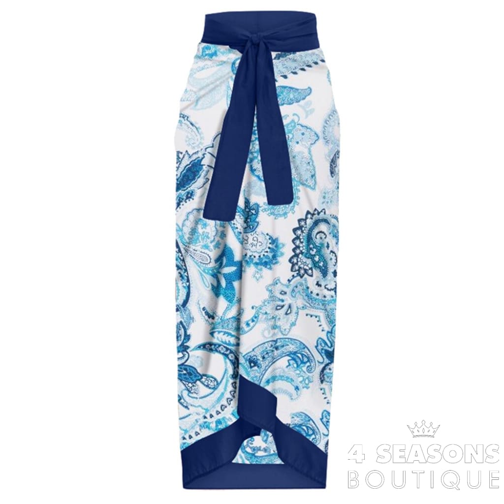 Blue Printed One Piece Swimsuit Suit Lace Up Square Neck Sexy Bikini High Waist Seamless Stitching