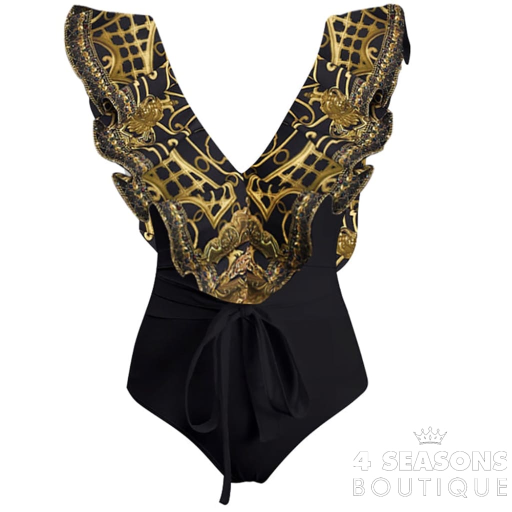 Sleeveless Ruffle V-Neck Printed Swimsuit Sexy Slim Fit Backless One Piece Bikini Chiffon Beach