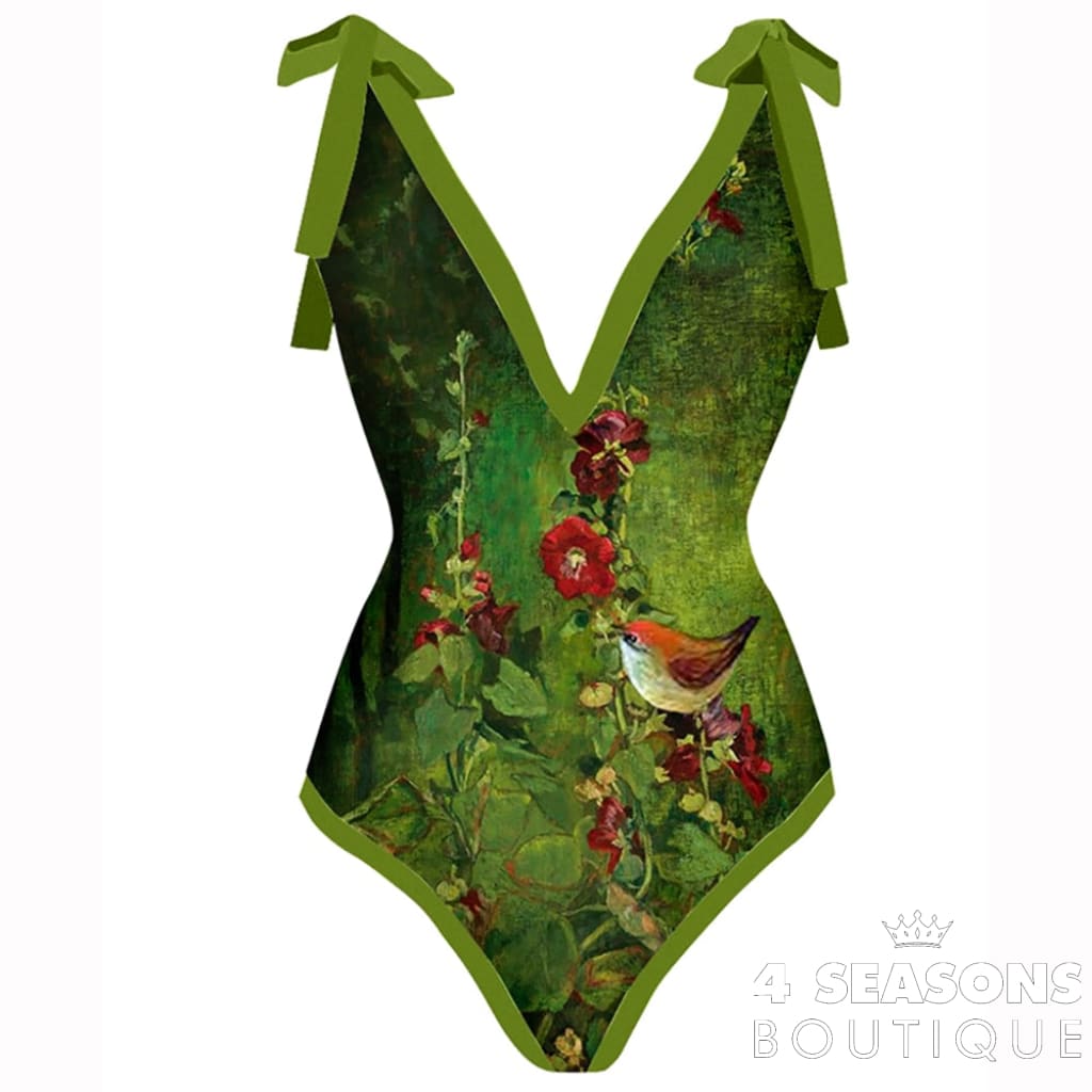 Green Bathing Suit Women Fashion V-Neck Floral Oil Painting Print One Piece Swimsuits Triangle
