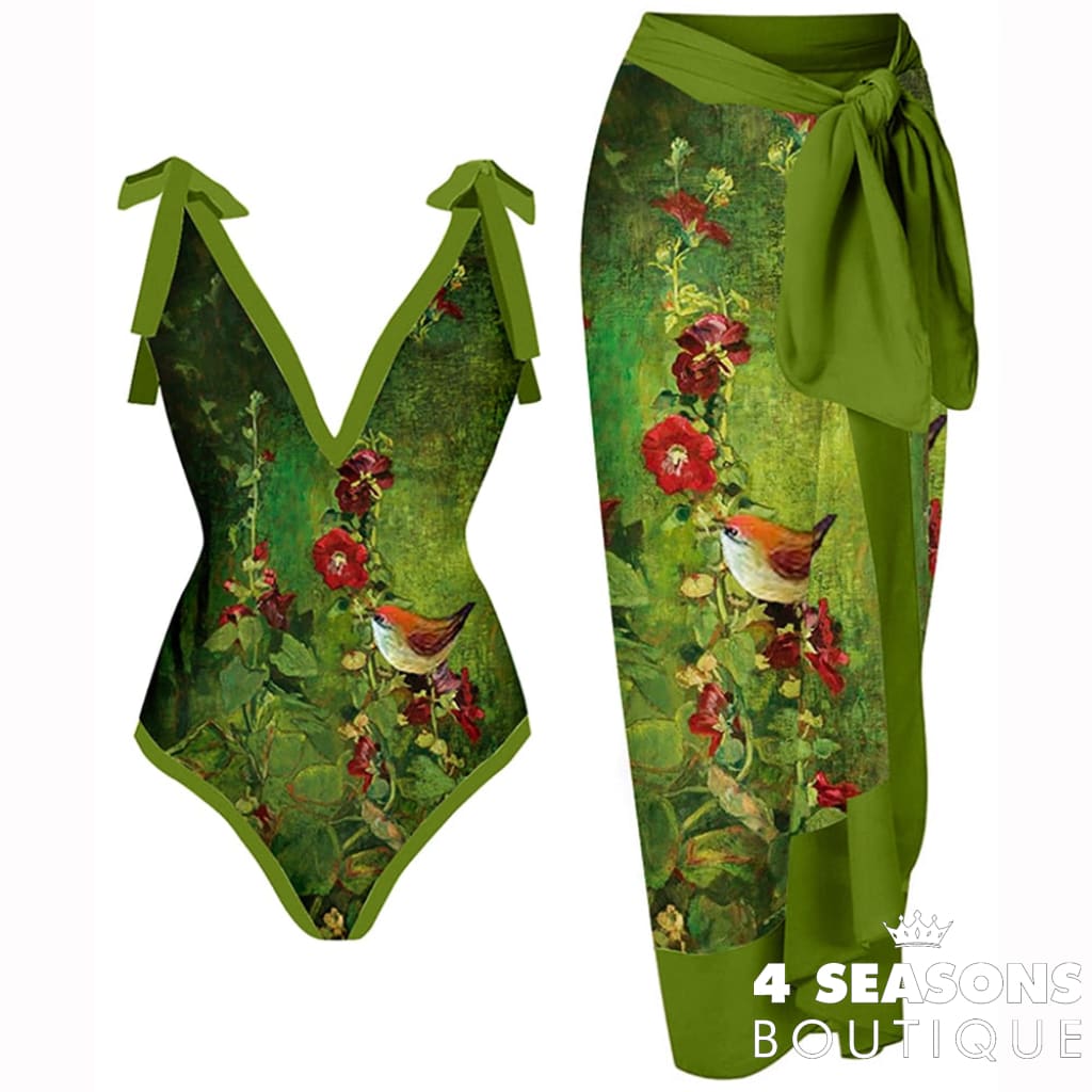 Green Bathing Suit Women Fashion V-Neck Floral Oil Painting Print One Piece Swimsuits Triangle
