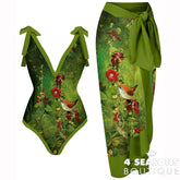 Green Bathing Suit Women Fashion V-Neck Floral Oil Painting Print One Piece Swimsuits Triangle
