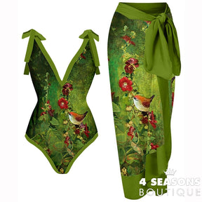 Green Bathing Suit Women Fashion V-Neck Floral Oil Painting Print One Piece Swimsuits Triangle
