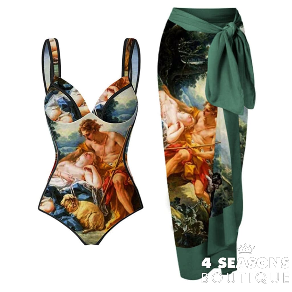 Vintage Print One Piece Swimsuits Micro Bikini And Beach Dress Triangle Swimwear Thong Bather Sexy