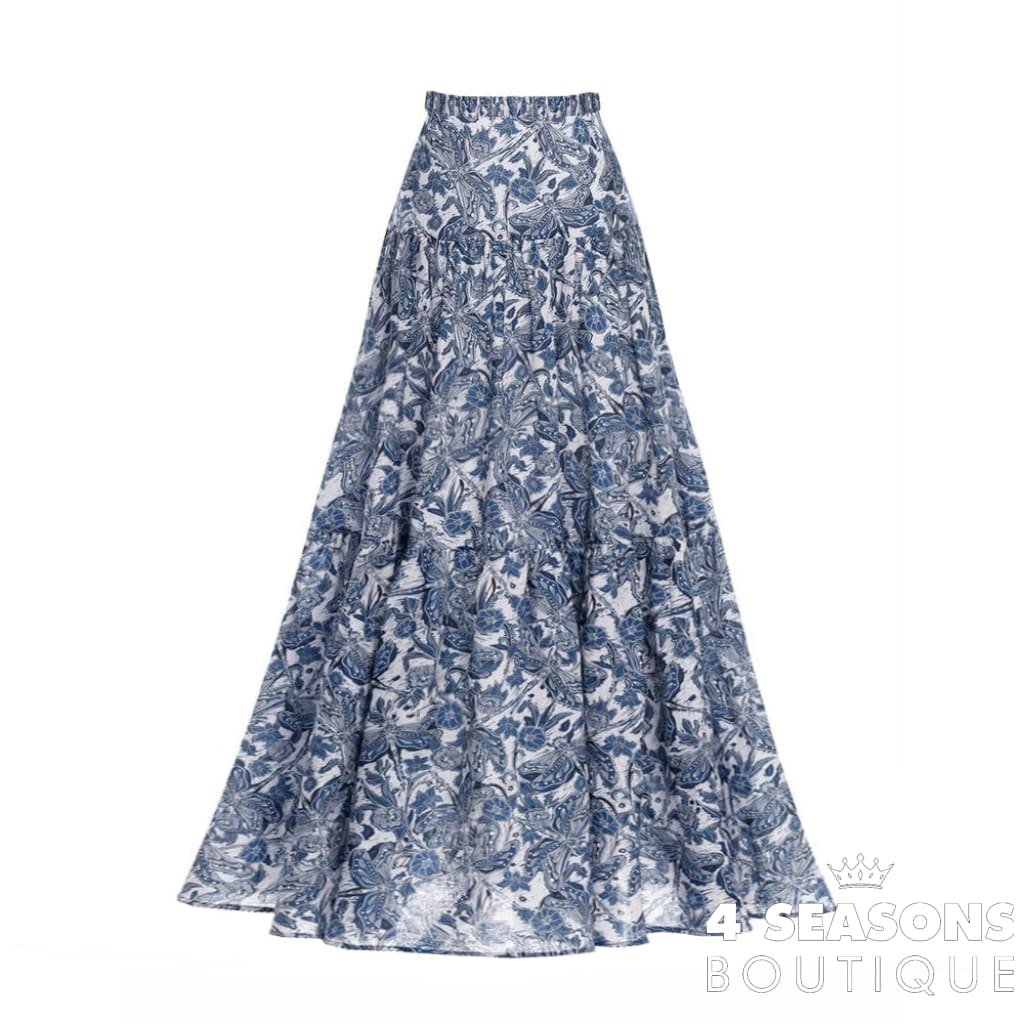 Vintage Blue Swimsuit With Skirt Tankini Women Swimming Suits Single Piece Print Floral Micro
