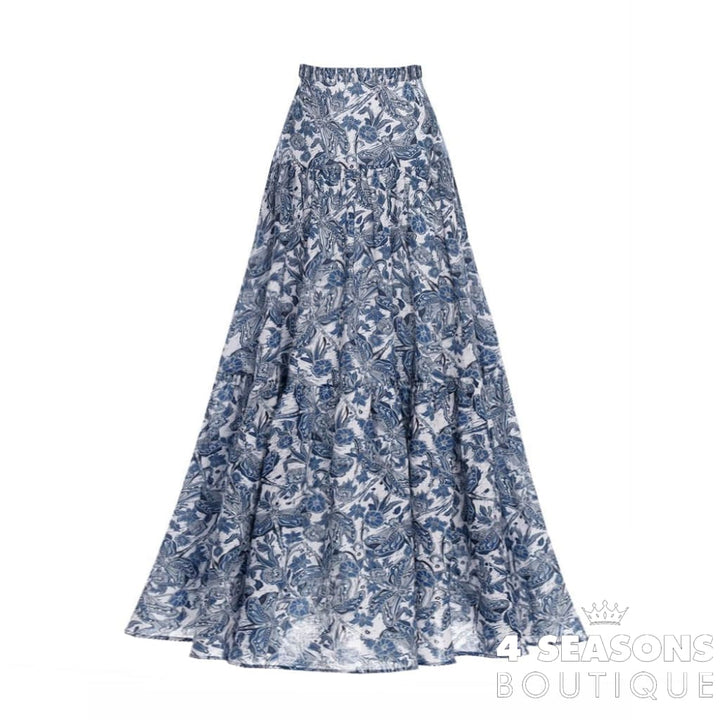 Vintage Blue Swimsuit With Skirt Tankini Women Swimming Suits Single Piece Print Floral Micro