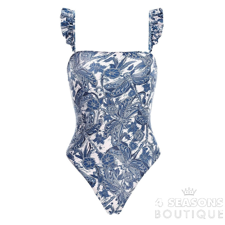 Vintage Blue Swimsuit With Skirt Tankini Women Swimming Suits Single Piece Print Floral Micro
