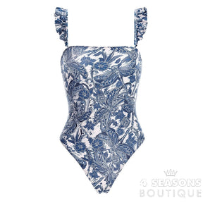 Vintage Blue Swimsuit With Skirt Tankini Women Swimming Suits Single Piece Print Floral Micro
