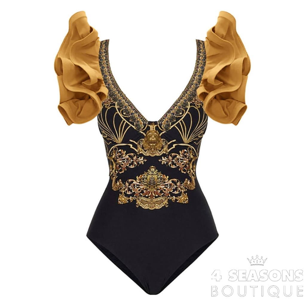 Pleated Three-Dimensional Ruffled Swimsuit V-Neck Sexy Slim One-Piece Printed Bikini Chiffon Beach