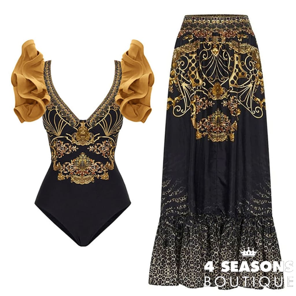 Pleated Three-Dimensional Ruffled Swimsuit V-Neck Sexy Slim One-Piece Printed Bikini Chiffon Beach