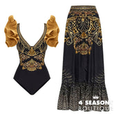 Pleated Three-Dimensional Ruffled Swimsuit V-Neck Sexy Slim One-Piece Printed Bikini Chiffon Beach