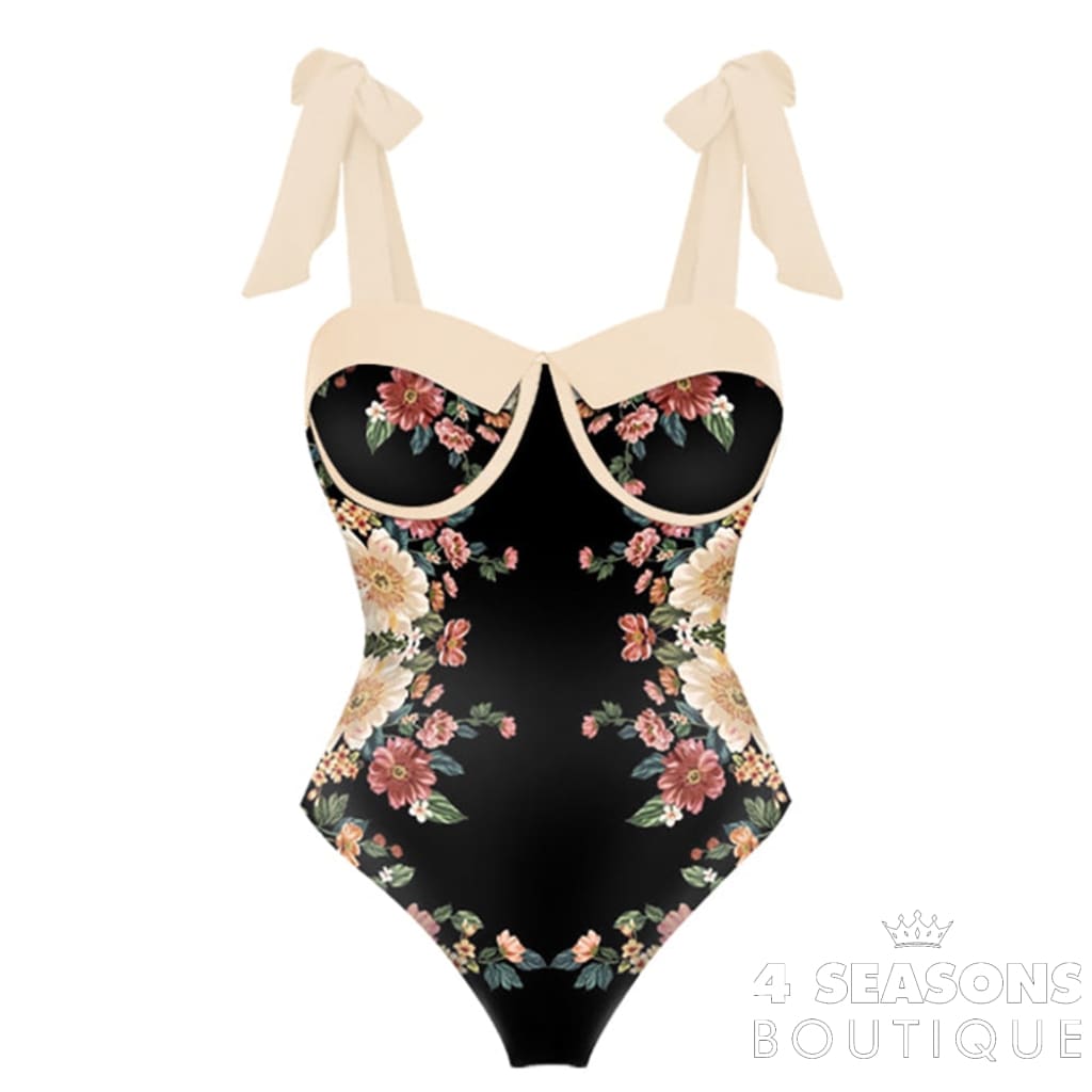 Printed Panel Chic One Piece Swimsuit And Coverup Bow Tie Strap Gathering Sexy Bikini High Waist