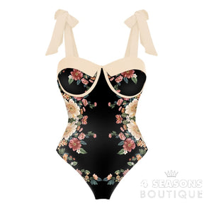 Printed Panel Chic One Piece Swimsuit And Coverup Bow Tie Strap Gathering Sexy Bikini High Waist