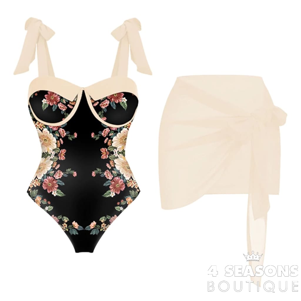 Printed Panel Chic One Piece Swimsuit And Coverup Bow Tie Strap Gathering Sexy Bikini High Waist