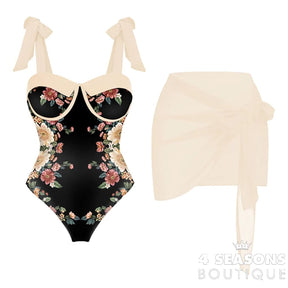 Printed Panel Chic One Piece Swimsuit And Coverup Bow Tie Strap Gathering Sexy Bikini High Waist