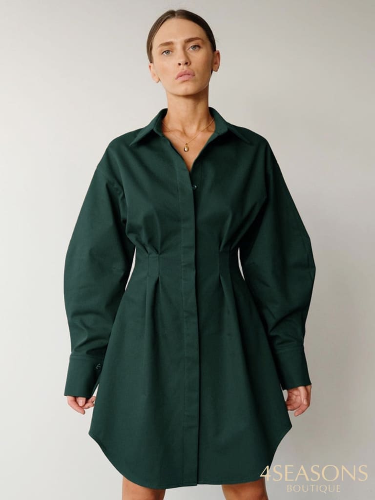 Mnealways18 Spring Summer Bodycon Dress Women Khaki Long Sleeve Pleated Shirt Office Ladies Solid