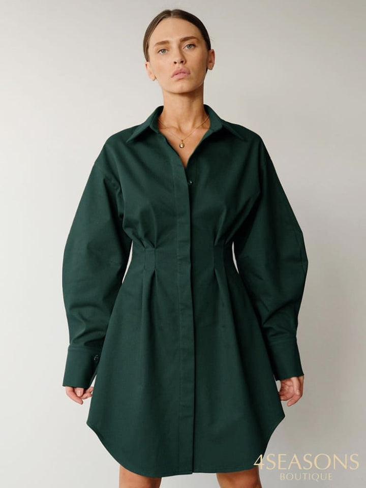 Mnealways18 Spring Summer Bodycon Dress Women Khaki Long Sleeve Pleated Shirt Office Ladies Solid