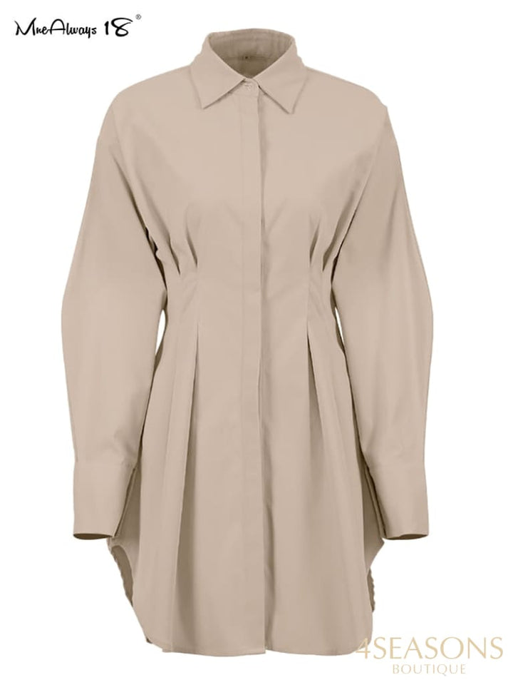 Mnealways18 Spring Summer Bodycon Dress Women Khaki Long Sleeve Pleated Shirt Office Ladies Solid