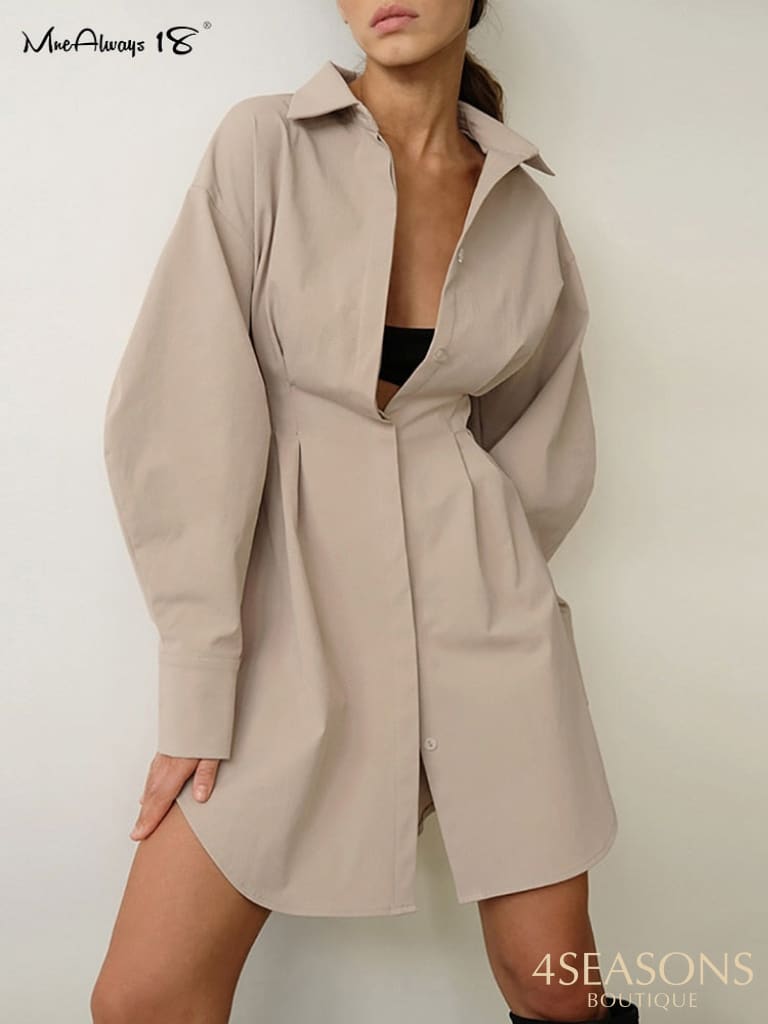 Mnealways18 Spring Summer Bodycon Dress Women Khaki Long Sleeve Pleated Shirt Office Ladies Solid
