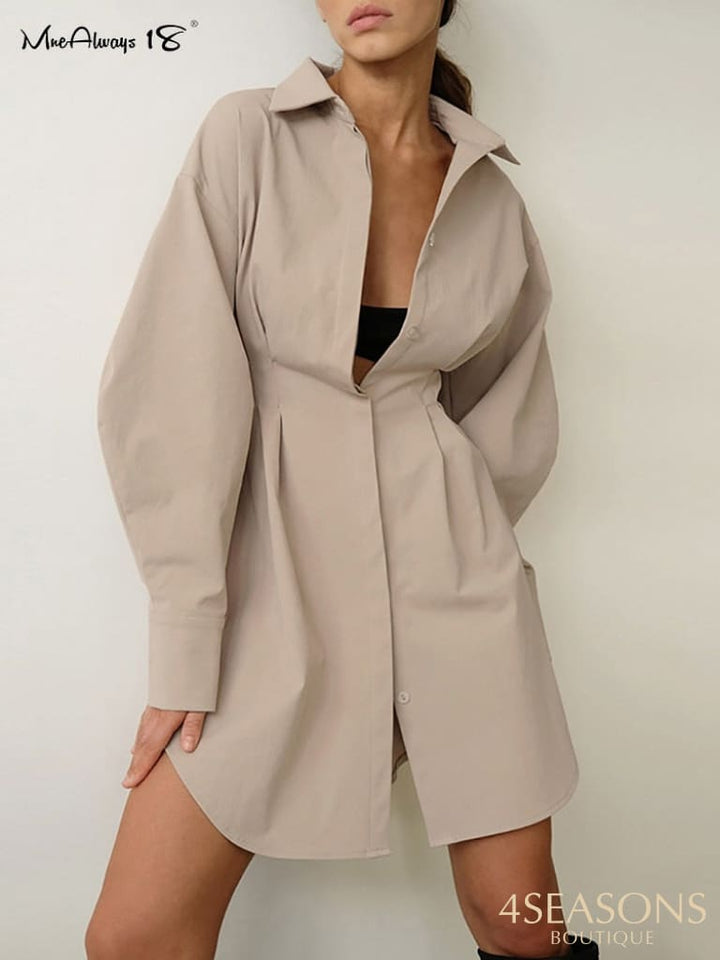 Mnealways18 Spring Summer Bodycon Dress Women Khaki Long Sleeve Pleated Shirt Office Ladies Solid