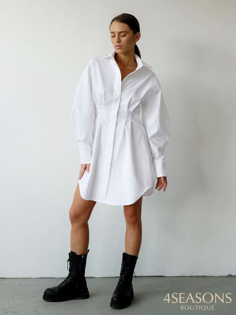 Mnealways18 Spring Summer Bodycon Dress Women Khaki Long Sleeve Pleated Shirt Office Ladies Solid