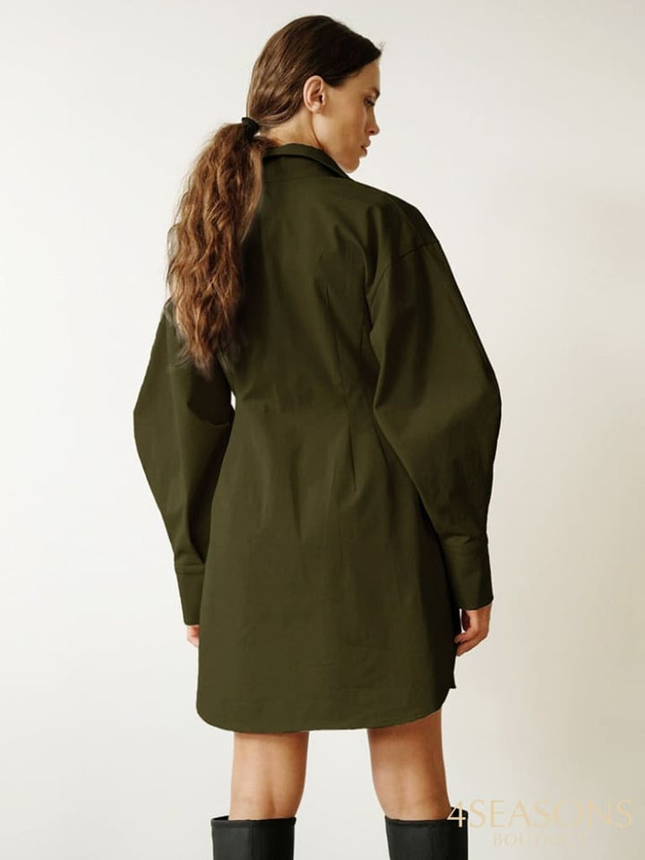Mnealways18 Spring Summer Bodycon Dress Women Khaki Long Sleeve Pleated Shirt Office Ladies Solid