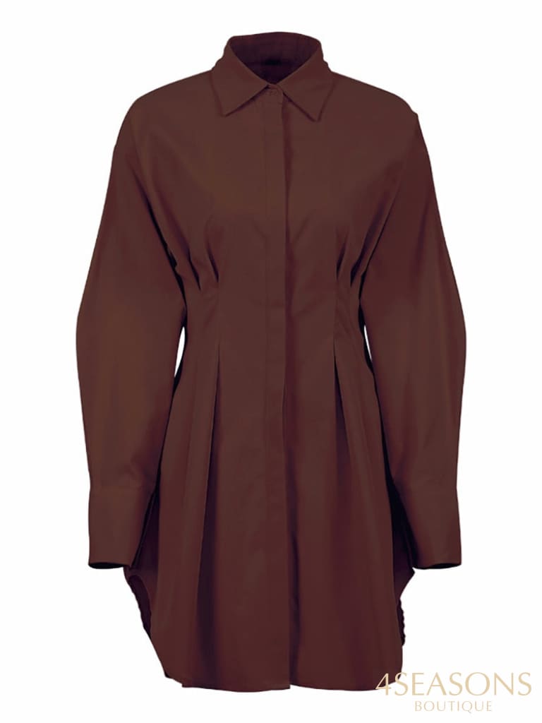 Mnealways18 Spring Summer Bodycon Dress Women Khaki Long Sleeve Pleated Shirt Office Ladies Solid