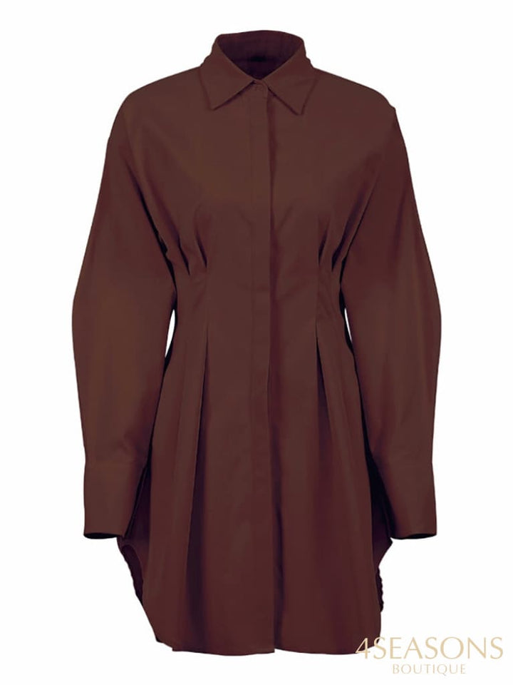 Mnealways18 Spring Summer Bodycon Dress Women Khaki Long Sleeve Pleated Shirt Office Ladies Solid