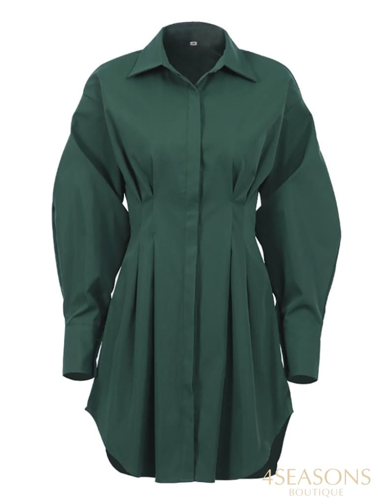 Mnealways18 Spring Summer Bodycon Dress Women Khaki Long Sleeve Pleated Shirt Office Ladies Solid
