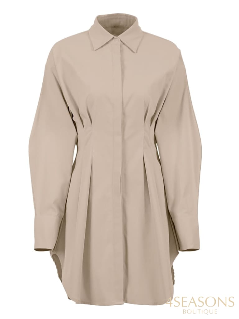 Mnealways18 Spring Summer Bodycon Dress Women Khaki Long Sleeve Pleated Shirt Office Ladies Solid