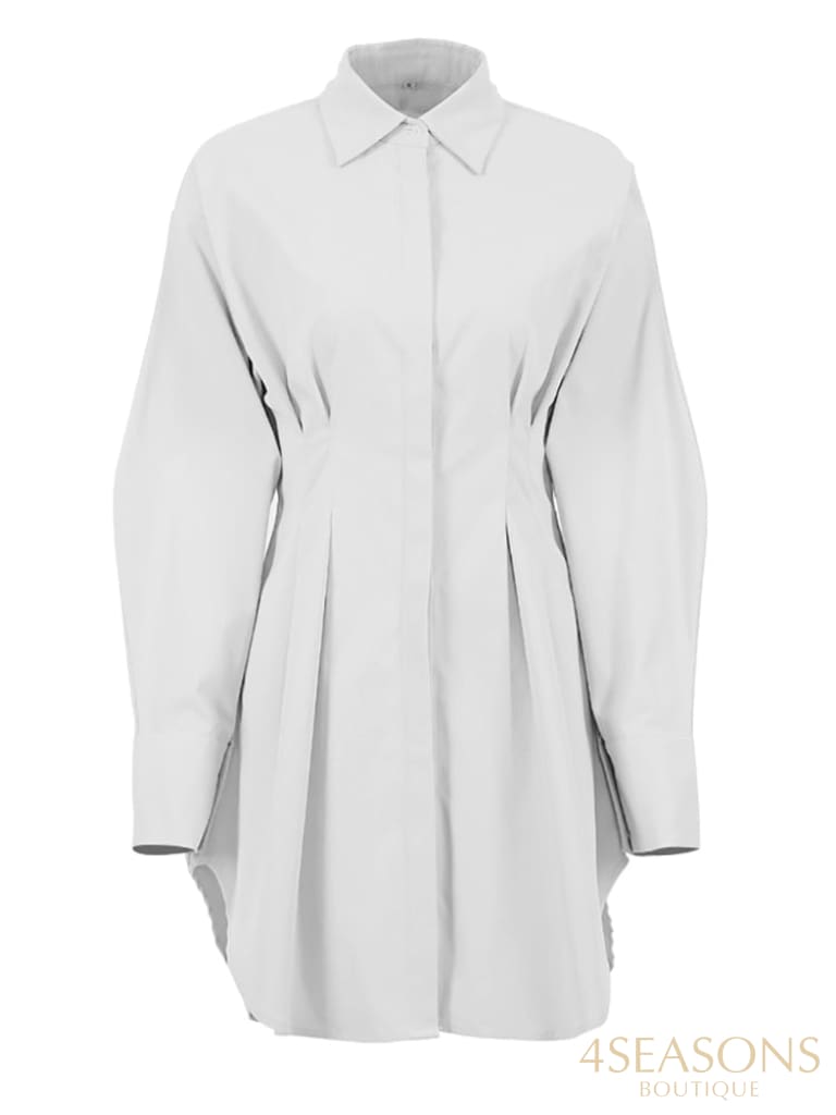 Mnealways18 Spring Summer Bodycon Dress Women Khaki Long Sleeve Pleated Shirt Office Ladies Solid