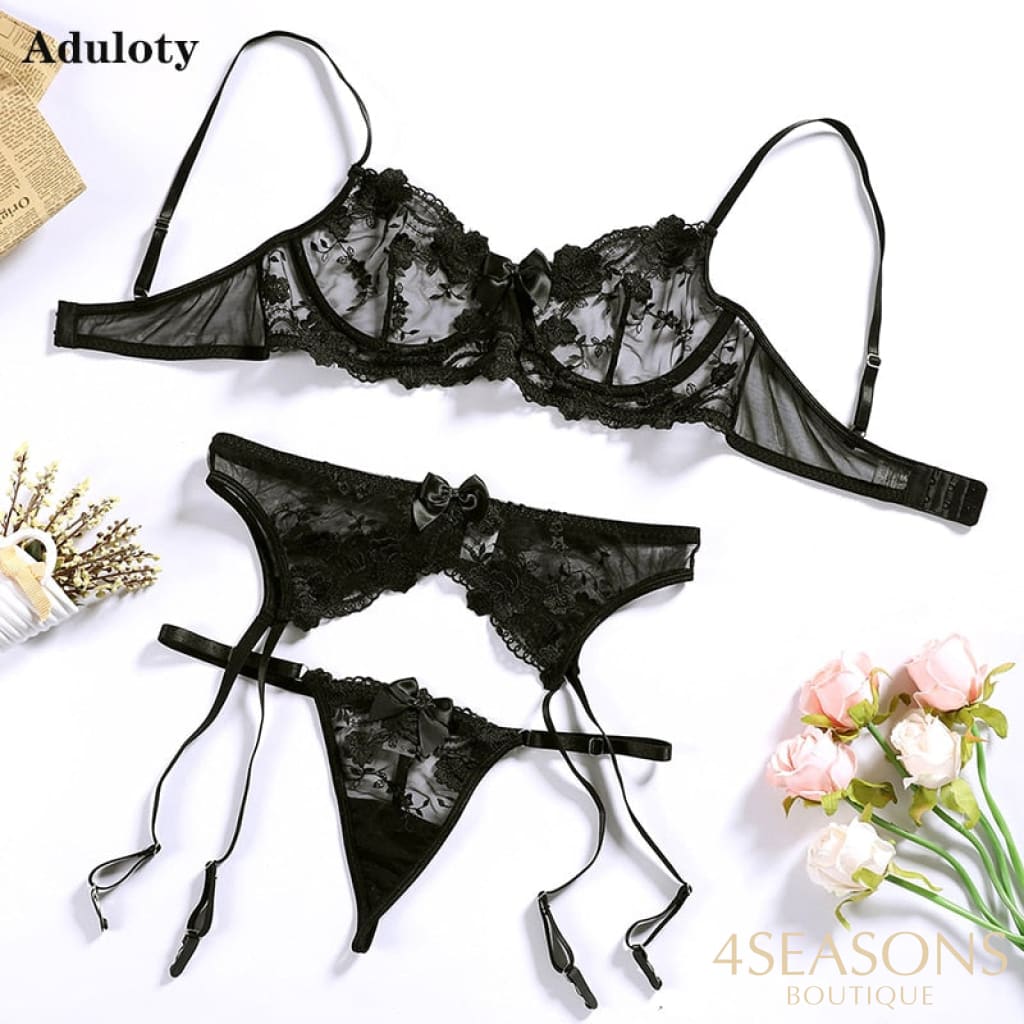 New Embroidered Flower Sheer Mesh Lingerie Set Womens Lace Breathable Gathered Underwire Big Bow Bra