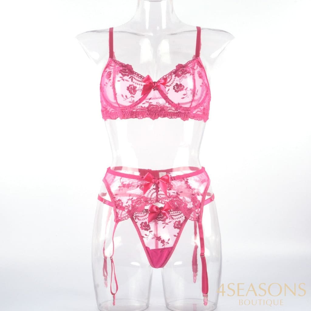 New Embroidered Flower Sheer Mesh Lingerie Set Womens Lace Breathable Gathered Underwire Big Bow Bra