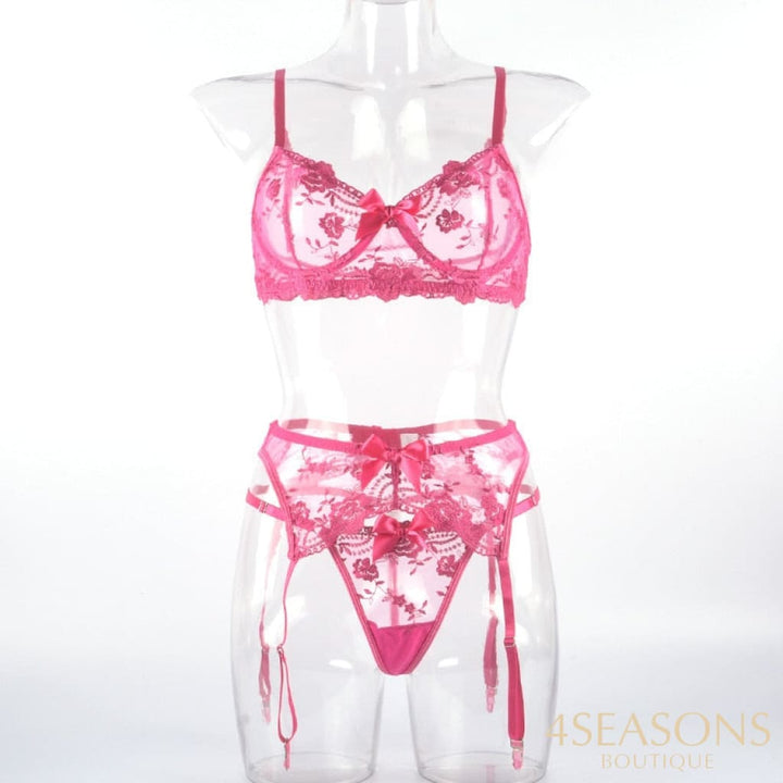 New Embroidered Flower Sheer Mesh Lingerie Set Womens Lace Breathable Gathered Underwire Big Bow Bra
