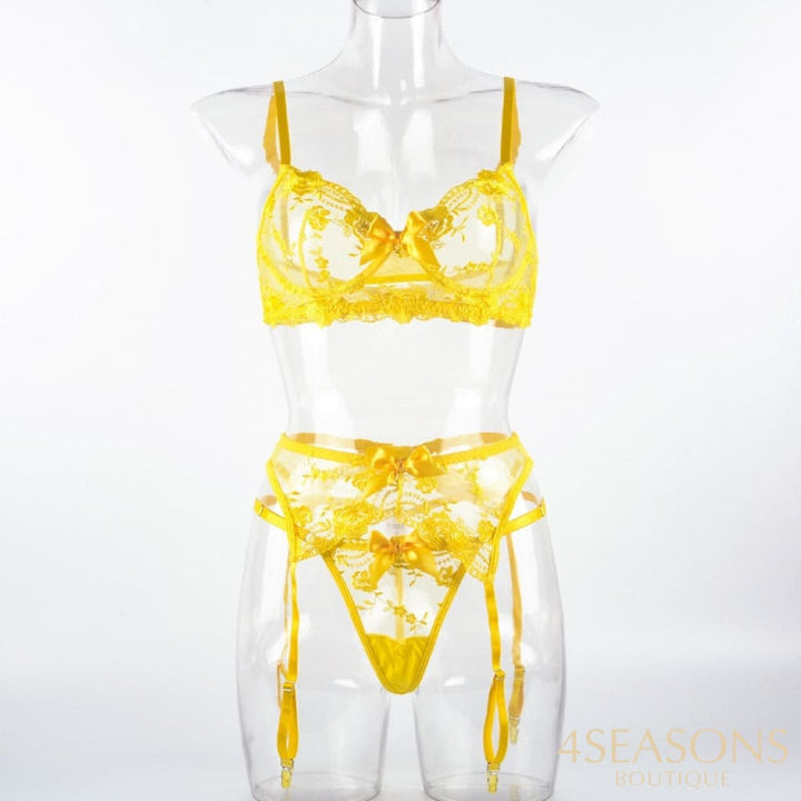 New Embroidered Flower Sheer Mesh Lingerie Set Womens Lace Breathable Gathered Underwire Big Bow Bra