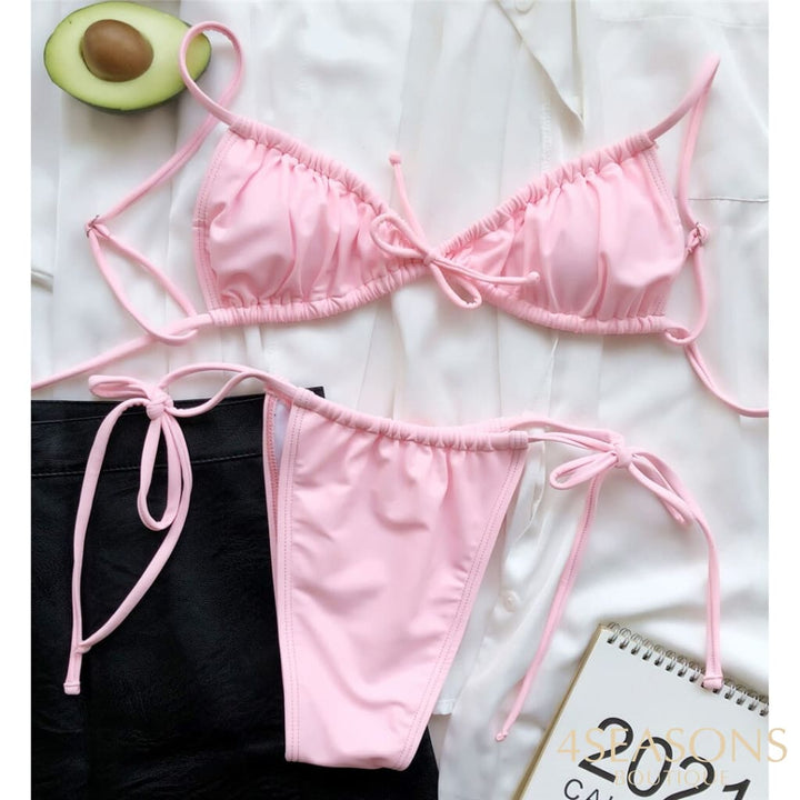 New Sexy Wrinkled Micro Thong Bikini Women Swimwear Female Swimsuit Two-Pieces Set Padded Bather