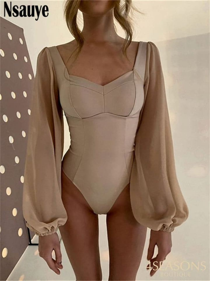 Nsauye 2022 Autumn Summer Sheath Long Puff Sleeve Skinny Women Rompers Bodysuits Y2K Square Collar