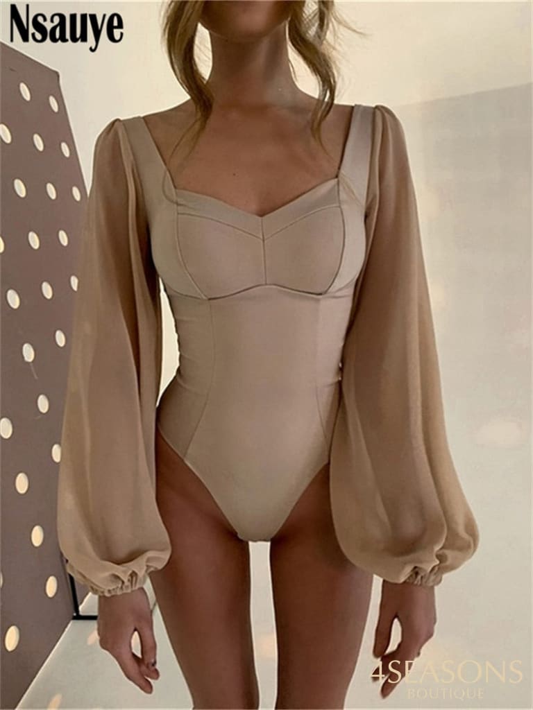 Nsauye 2022 Autumn Summer Sheath Long Puff Sleeve Skinny Women Rompers Bodysuits Y2K Square Collar