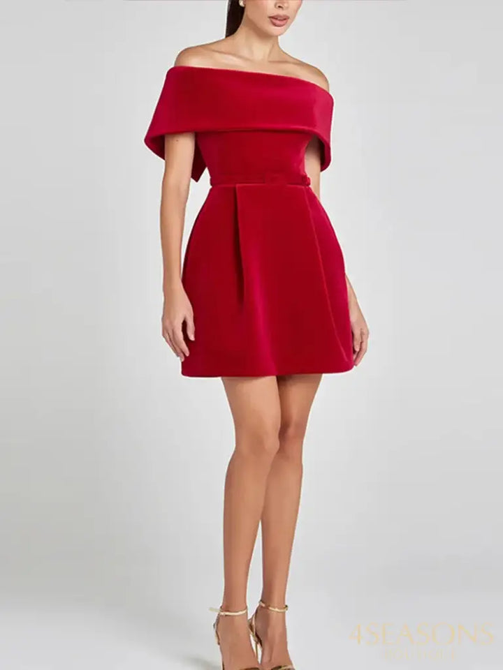 Off Shoulder Flat Velvet Dress Bow Pocket Belt Party Evening Gown Casual Waist Cinching Dresses Women’s Clothing Spring
