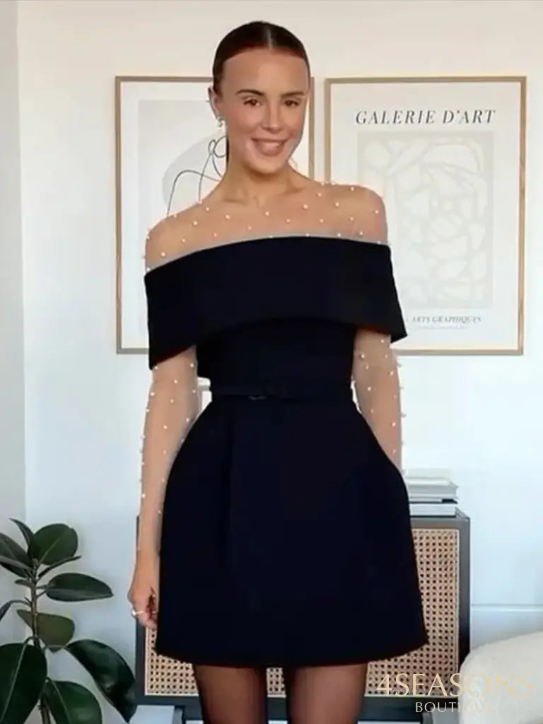 Off Shoulder Flat Velvet Dress Bow Pocket Belt Party Evening Gown Casual Waist Cinching Dresses Women’s Clothing Spring