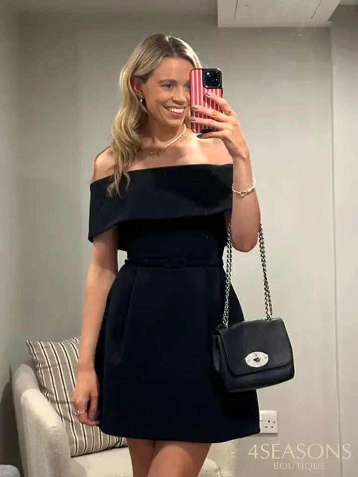 Off Shoulder Flat Velvet Dress Bow Pocket Belt Party Evening Gown Casual Waist Cinching Dresses Women’s Clothing Spring