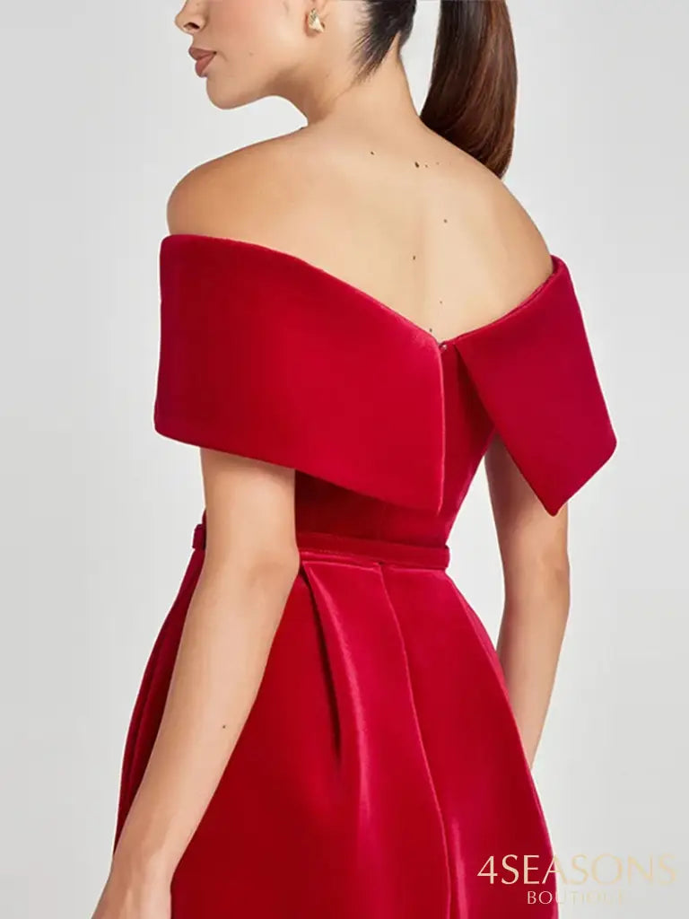 Off Shoulder Flat Velvet Dress Bow Pocket Belt Party Evening Gown Casual Waist Cinching Dresses Women’s Clothing Spring
