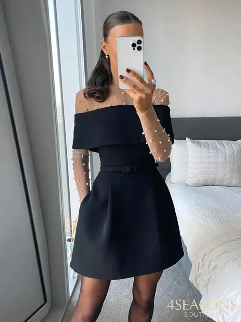 Off Shoulder Flat Velvet Dress Bow Pocket Belt Party Evening Gown Casual Waist Cinching Dresses Women’s Clothing Spring
