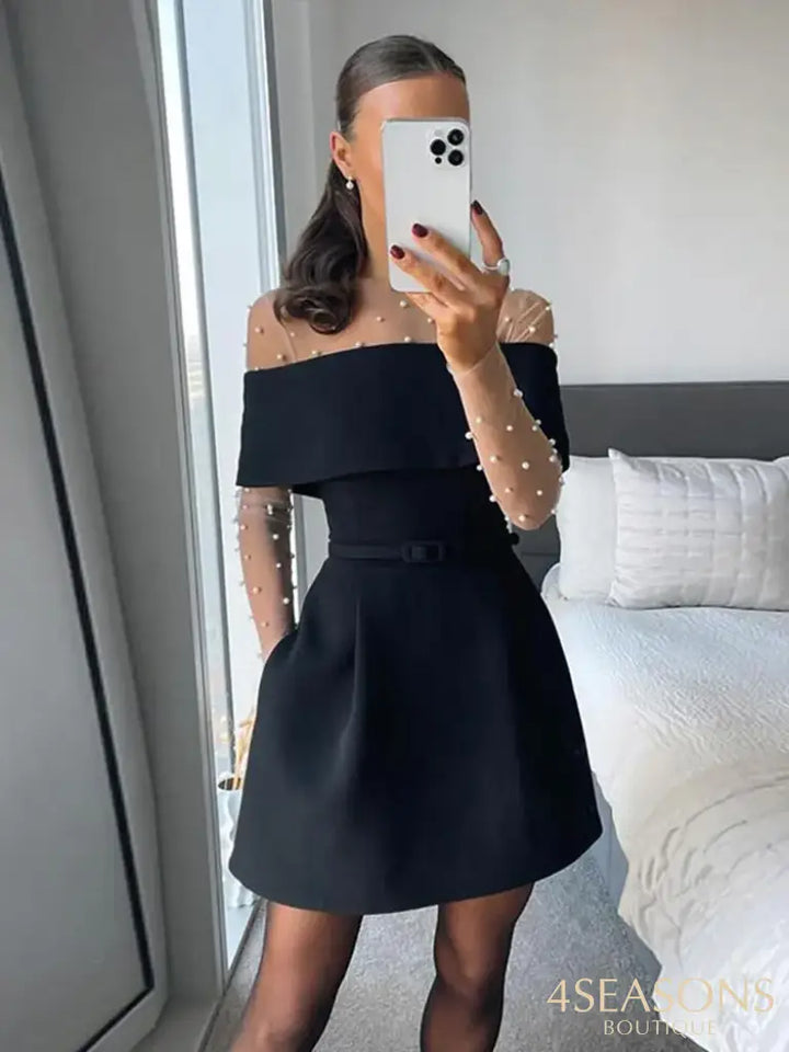 Off Shoulder Flat Velvet Dress Bow Pocket Belt Party Evening Gown Casual Waist Cinching Dresses Women’s Clothing Spring