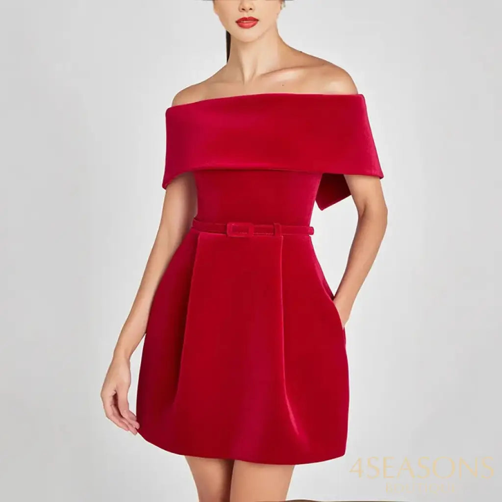 Off Shoulder Flat Velvet Dress Bow Pocket Belt Party Evening Gown Casual Waist Cinching Dresses Women’s Clothing Spring