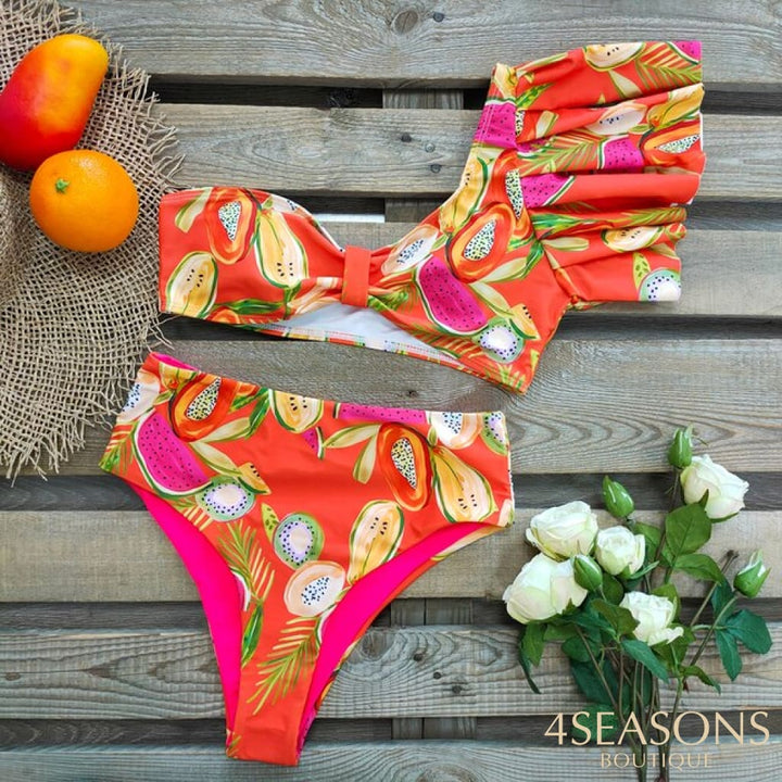One Shoulder Swimsuit Print Bikinis Brazilian Bikini Set High Waist Swimming Suits Bathing Suit